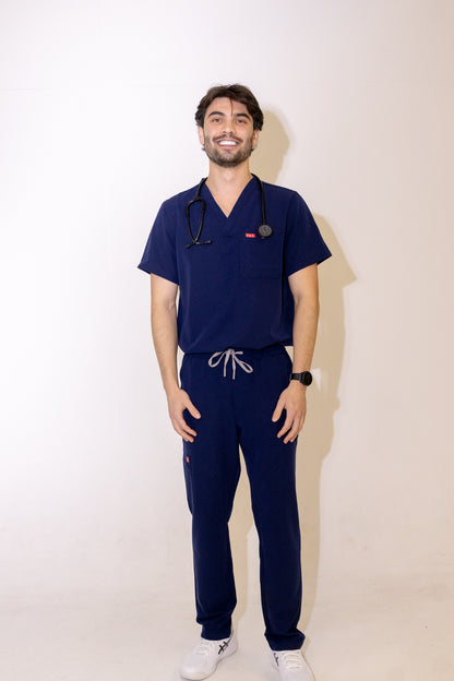PAX Core Sequi men's navy straight-leg scrub set, full-length front view