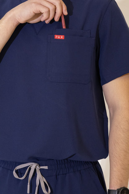 PAX Core Sequi men's navy straight-leg scrub set, chest pocket and pen slot detail