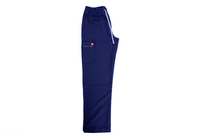 PAX scrub trousers in blue laid flat on a white backdrop.