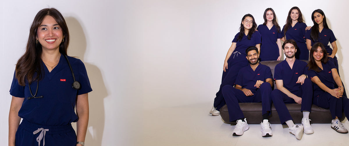 PAX Core navy scrubs, with a model wearing a stethoscope and a group of models together