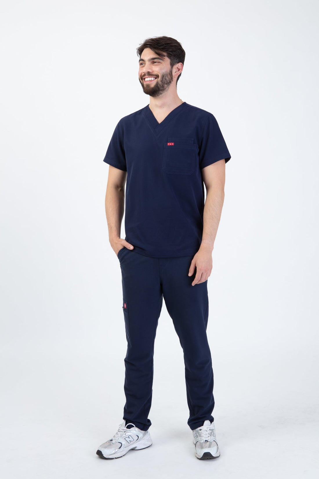 PAX Sequi men's navy scrub top, full-length front view