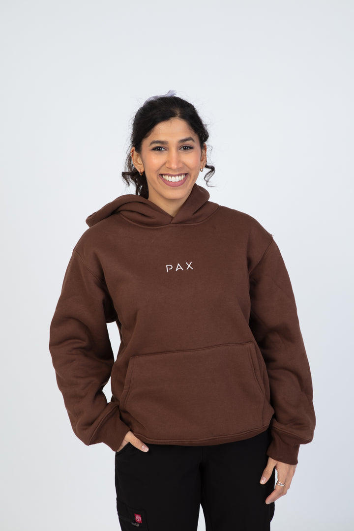PAX Everywhere brown hoodie, front view on model